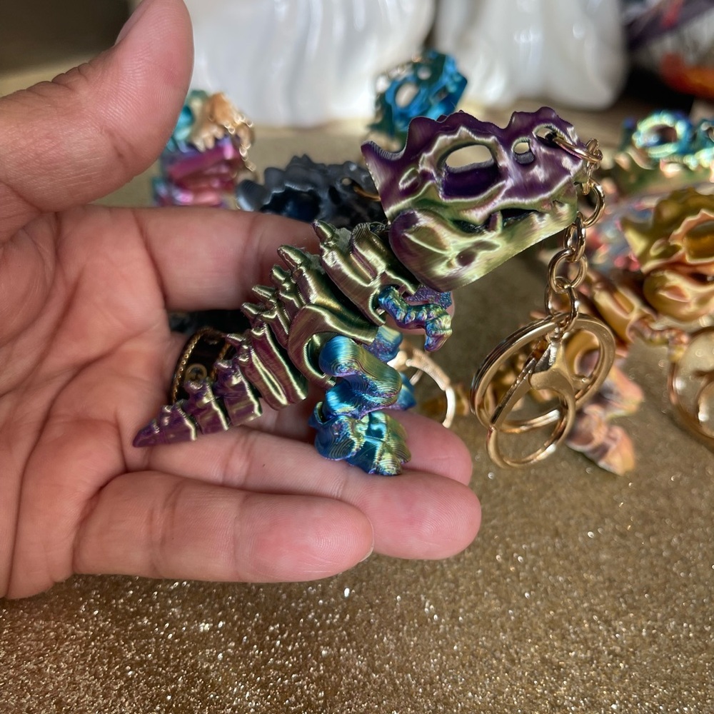 Iridescent Rainbow 3D printed Dino Keychain
